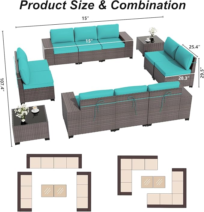 ALAULM 12 Pieces Outdoor Patio Furniture Set Sectional Sofa Sets Brown PE Rattan Patio Conversation Set w/10 Turquoise Blue Seat Cushions and 2 Coffee Tables ALAULM