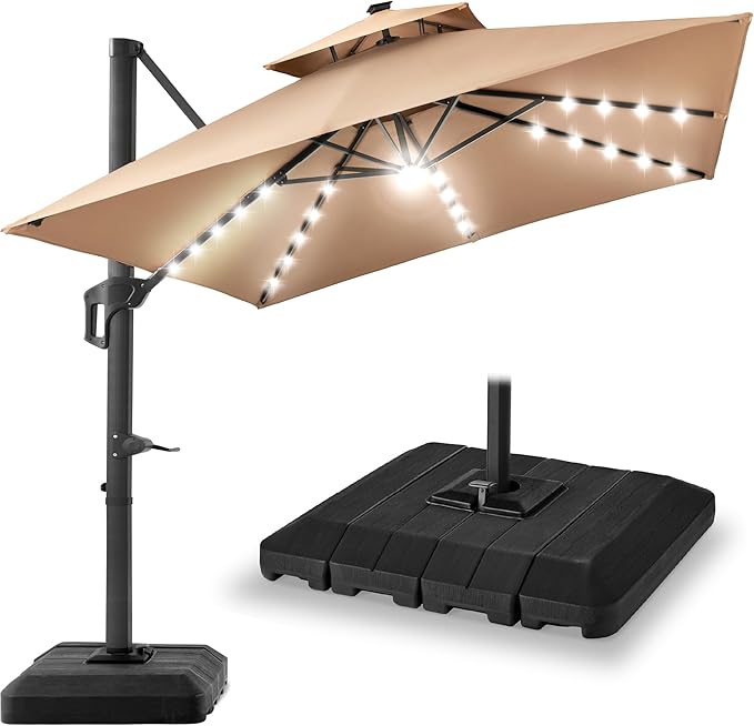 Best Choice Products 12x12ft LED Cantilever Patio Umbrella w/Base Included & 360° Rotation, Large Solar Offset Hanging Outdoor Sun Shade for Deck, Backyard Table w/Stand & Lights – Tan BestChoiceProducts