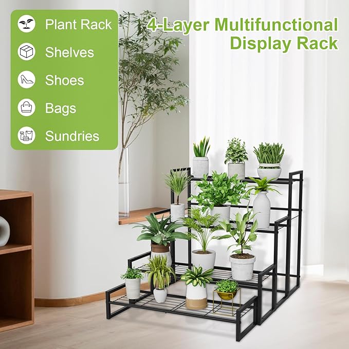 Plant Stand, 4 Tier Stackable Tiered Plant Stand, Scalable Heavy Duty Tall Plant Shelf for Indoor Outdoor, Garden, Display Shelves, Flower Pot Holder, Black VyGrow