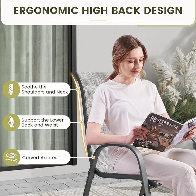 UDPATIO Patio Chairs Set of 4, Stackable Outdoor Dining Chairs with High Back, Breathable Textilene Fabric Outdoor Chair All Weather, 350LBS Capacity for Garden, Backyard (Light Grey) UDPATIO