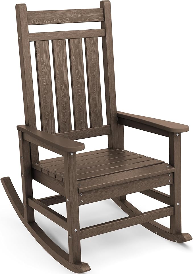 SERWALL Oversized Rocking Chair, Outdoor Rocking Chair for Adults, All Weather Resistant Porch Rocker for Lawn Garden, Brown SERWALL