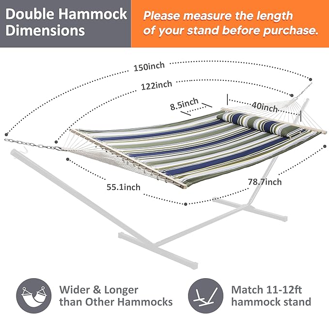 SUNCREAT Double Hammocks 2 Person with Extra Large Pillow, Non Fading Tree Hammocks for Outside, Blue&Aqua SUNCREAT
