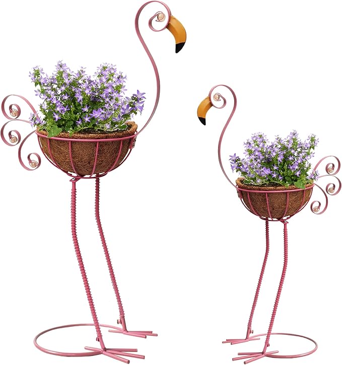 Metal Flamingo Planter with Basket -Garden Bird Planters for Outdoor Indoor Lawn,Yard,Porch,Patio, Garden Decorations（Set of 2） COOZZYHOUR