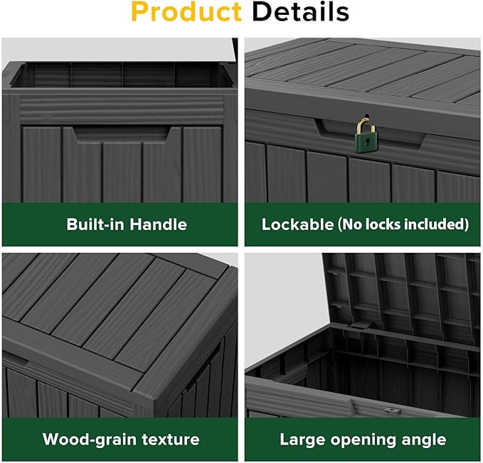 EasyUp 45 Gallon Outdoor Storage Box Waterproof, UV Resistant Deck Box Outdoor, Lockable Resin Deck Boxes for Garden Tools Equipment and Cushions, Black EASYUP