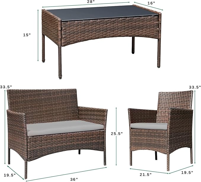 Greesum Patio Furniture 4 Pieces Conversation Sets Outdoor Wicker Rattan Chairs Garden Backyard Balcony Porch Poolside loveseat with Soft Cushion and Glass Table, Brown and Gray BuynowfromGreesum