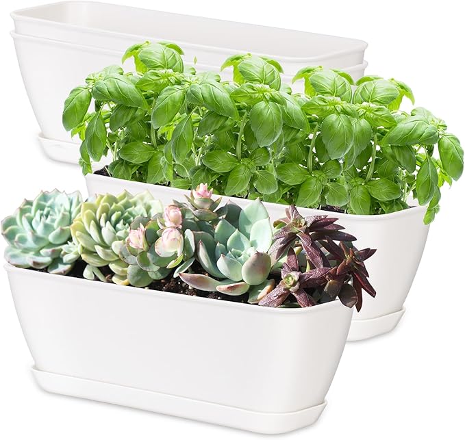 4-Piece White Rectangular Window Sill Planters with Drainage Holes and Trays (11 Inches) for Basil, Orchids, and Succulents Modern Herb Garden Planters Suitable for Indoor/Outdoor Plants Oliz