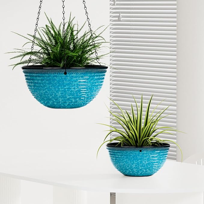 10 Inch Hanging Planter, 2 Pack Hanging Planters for Indoor Outdoor Plants Self Watering Hanging Pots with Drainage Holes for Garden Home (Snowflake Blue) Vanslogreen