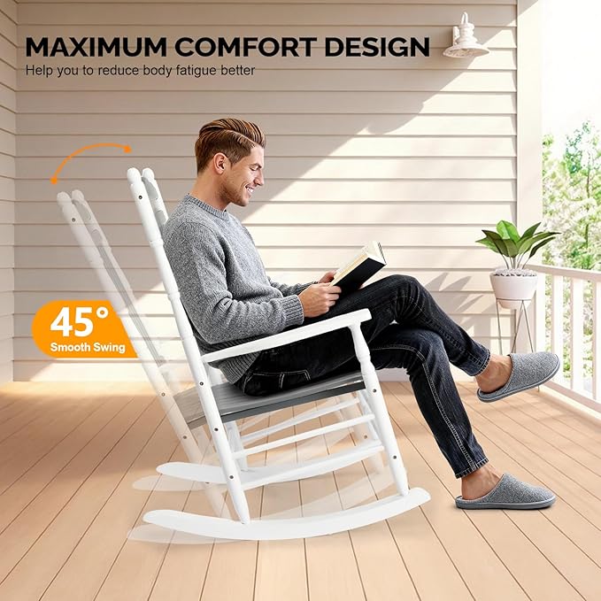 VINGLI Wooden Rocking Chair, Outdoor Chair with 450 lbs Support, Relaxing Rocker with Solid Wood High Back Seat Reclining Seat for Deck, Garden, Backyard, Porch (White & Grey, 2PCS) VINGLI