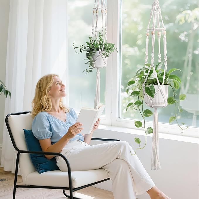 Macrame Plant Hanger with Grow Light: 2 Pack Sturdy Hanging Planters for Indoor Plants, Cute Plant Holder with Plant Light, Perfect for Different Size Pots (Daylight Spectrum) Rootora