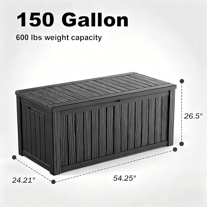 150 Gallon Outdoor Storage Box, Weather Resistant & Waterproof Resin Deck Box with UV Protection, Rattan Black Patio Storage Cabinet for Garden, Patio, Porch, Poolside(Black) KFY