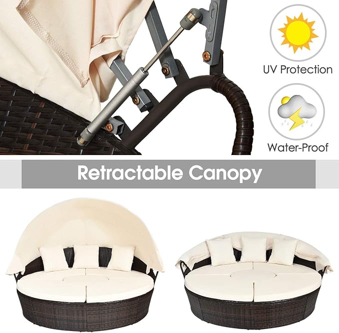 Tangkula Patio Round Daybed with Retractable Canopy, Outdoor Wicker Rattan Furniture Sets, Sectional Cushioned Sofa Set w/Height Adjustable Coffee Table, Rattan Conversation Sets (Beige) TANGKULA