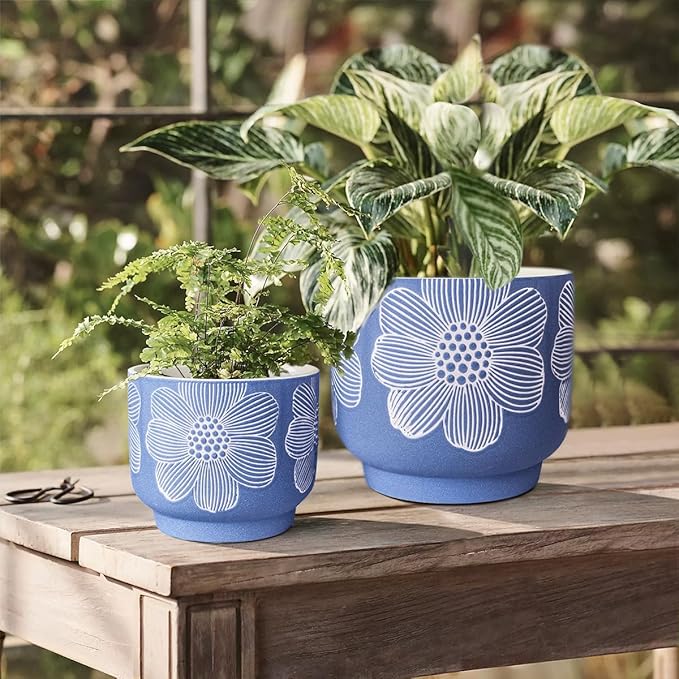 YBX 8 Inch + 6 Inch White Flower Pattern Plant Pots, Sand Glazed Ceramic Planter with Drainage Hole, Flower Pots for Indoor Plants, Blue YBXYIBOXUAN