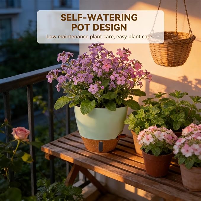 7/6.5/6/5.5/5 Inch Self Watering Pots, Plastic Flower Pots with Multi Mesh Drainage Holes and Deep Reservoir for Indoor Outdoor Garden Plants and Flowers (Green, 5/5.5/6/6.5/7/8) Rootora