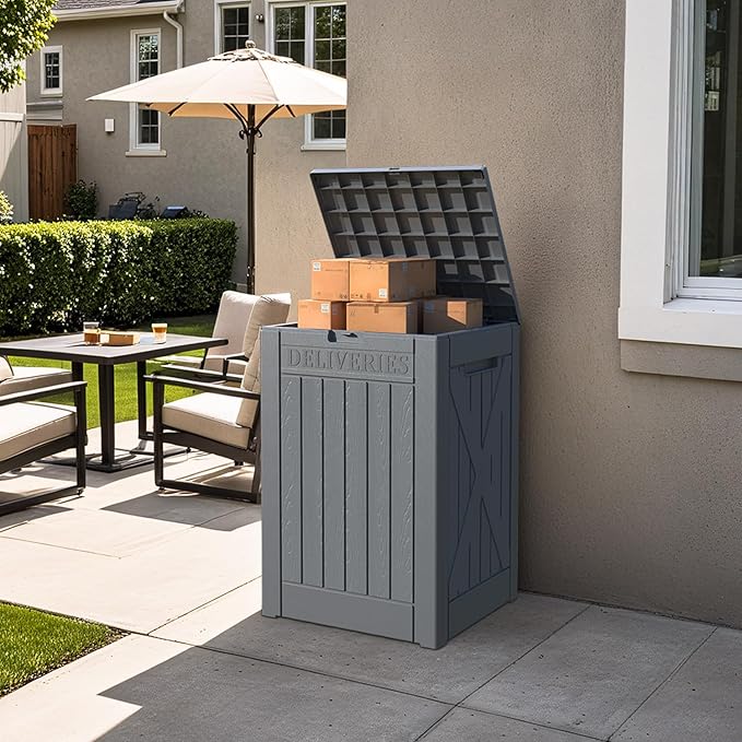 Patiowell 48-Gallon Resin Package Delivery Box for Outside, Waterproof Storage Deck Box with Lockable Secure (Grey) Patiowell