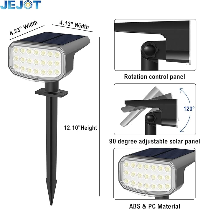 Solar Lights Outdoor Waterproof IP65, Super Bright LED with Lens, 3000K 2 Lighting Modes, Solar Powered Yard Garden Solar Spot Lights for Outside Landscape Auto On/Off -2 Pack JEJOT