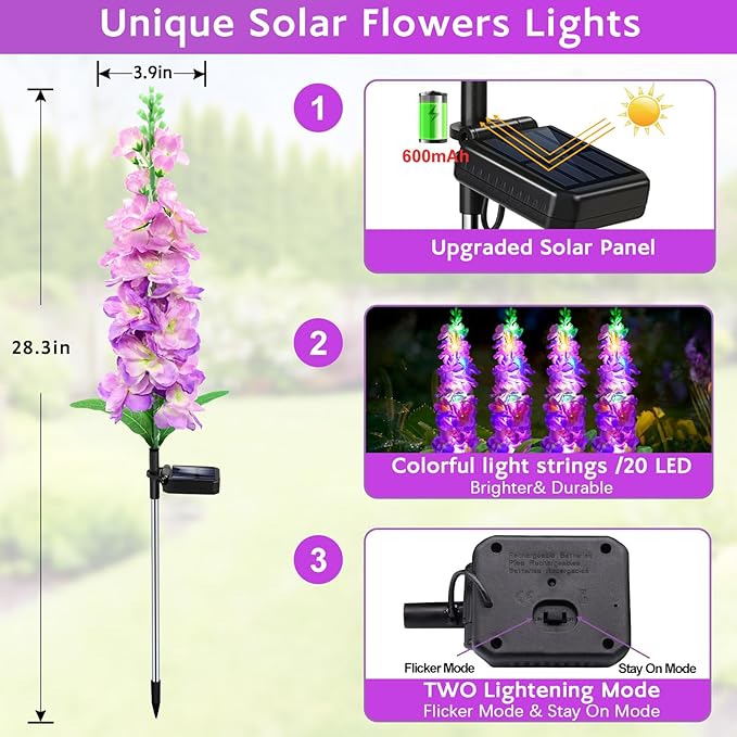 Solar Garden Lights, Solar Purple Delphinium Flowers Lights 4 Pack 80 LEDs, Waterproof Outdoor Light Two Lighting Modes for Outside Wedding Party Garden Yard Patio Lawn Decor MRHEPHAESTUS