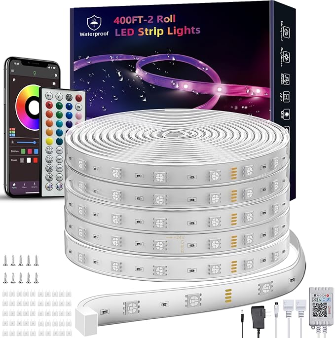398ft (2*199ft) Outdoor Led Strip Lights Waterproof, Ip68 Outside Led Light Strip Waterproof with Remote and App Control, Exterior Led Rope Lights Music Syne RGB Strip Lights for Party Decor Ledagic