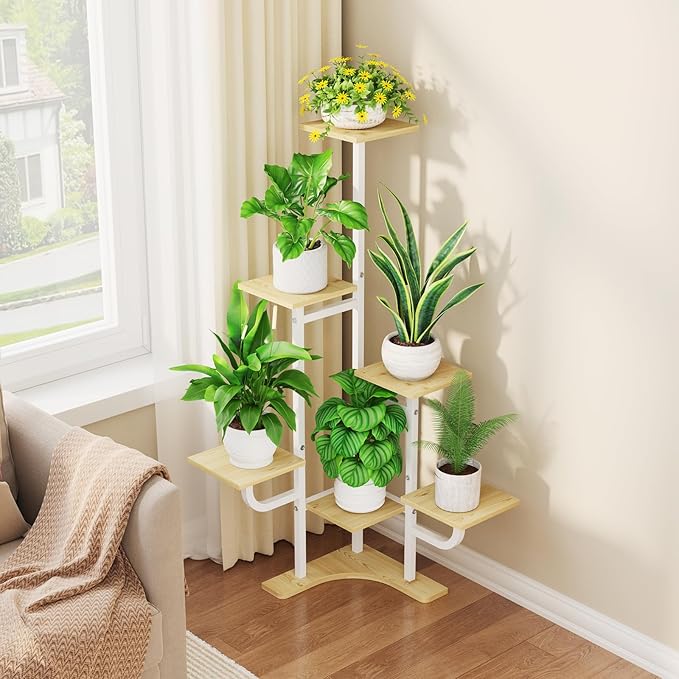 Corner Plant Stand with Grow Light - 6 Tier Plant Stand Indoor Square Metal Plant Shelf with Adjustable Light, Plant Organizer for Living Room, Graden, Home Decor (Maple) Homsorout