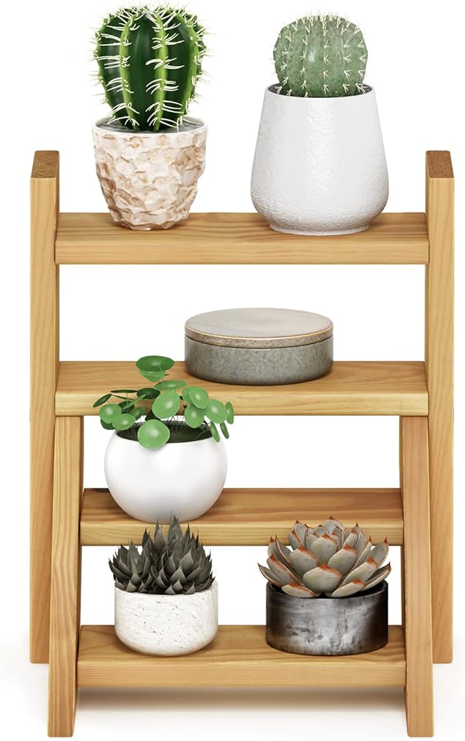 Furinno TIOMAN Plant Stand Indoor Outdoor, Tabletop Mini Ladder Planter Stand, Planter Shelf, Organizers, Indoor, Outdoor, Patio, Balcony, Garden, Pine Wood Furinno-FitsYourSpaceFitsYourBudget