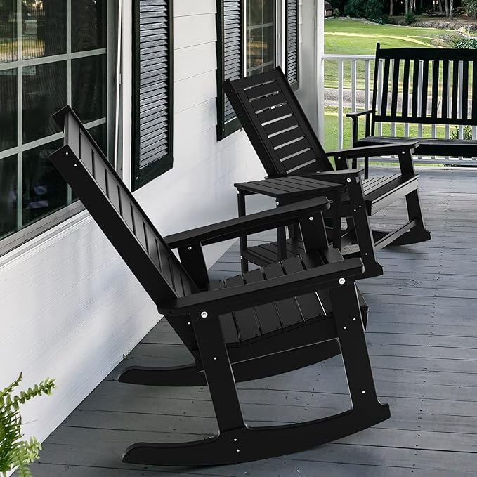 GREENVINES Outdoor Rocking Chairs | Set of 4 | Porch Rocker | HDPE Plastic | Black | Oversized Rockers | High Back | Big & Tall | Ladder Back | for Patio Outside Backyard Balcony Garden GreenVines