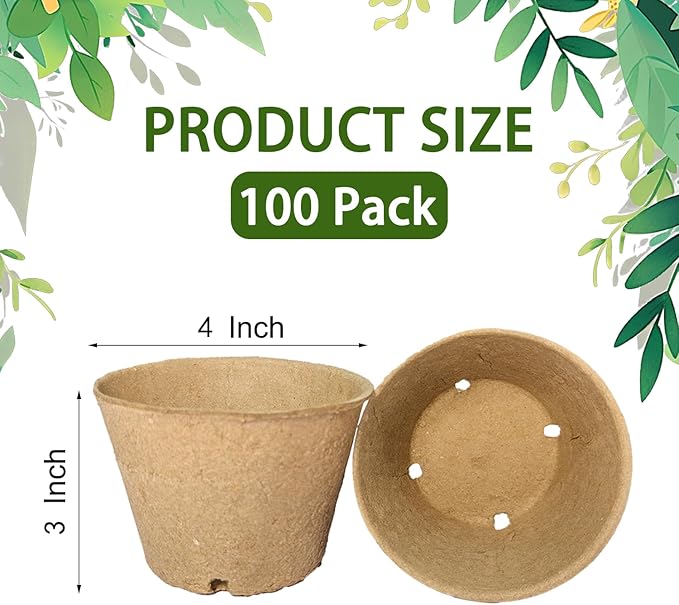 100 Pack 4 Inch Peat Pots, Biodegradable Seed Starter Pots with Drainage Holes for Indoor/Outdoor Gardening, Eco-Friendly Garden Germination Nursery Pots. (100, 4 Inch) Rootora