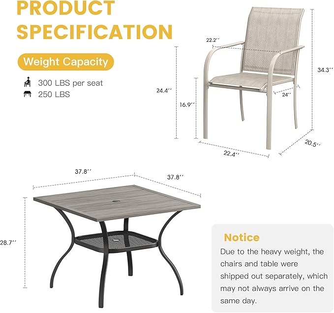 VICLLAX 5 Pieces Patio Dining Set, Outdoor Furniture Set Includes 37.8" Square Outdoor Table and 4 Stackable Patio Sling Chairs, Grey Wood-Like Tabletop and Sandshell Color Fabric HOME