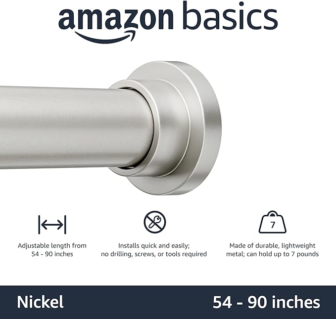 Amazon Basics No Drill Adjustable Indoor Outdoor Tension Curtain Rod, 54-90" Length, Nickel AmazonBasics