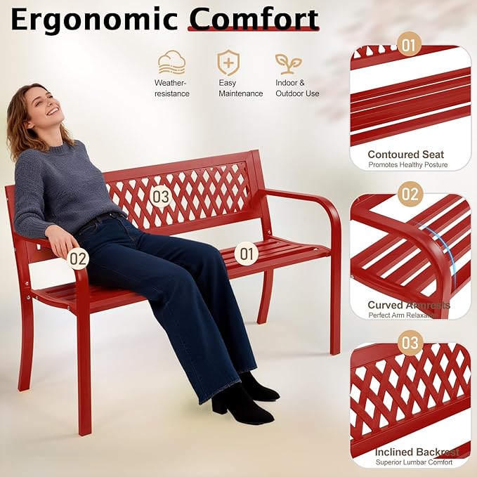 VINGLI 47'' Outdoor Bench, Weather Resistant Garden Patio Bench Powder Coated Iron Frame w/PVC Mesh Backrest Slatted Seat, 2-Person Outdoor Furniture for Front Porch Entryway Park (Red) VINGLI
