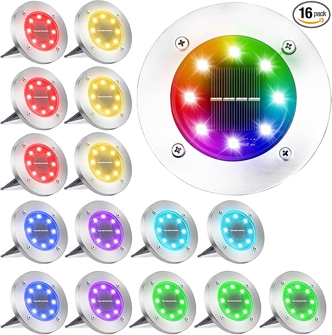 LYHOPE Solar Ground Light Outdoor, 16 Pack 8 LED Color Changing Solar Disk Lights Waterproof Garden In-ground Pathway Lights Landscape Lighting for Lawn,Yard,Deck,Patio,Walkway (RGB) LYHOPE