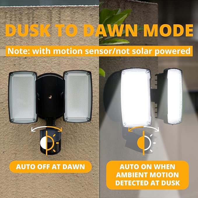 UME 19W LED Flood Light Motion Sensor Outdoor, 2 Adjustable Head, 2000LM, 5000K, IP65 Waterproof, Dusk to Dawn Security Light with Photocell for Exterior,Outside,Garage,House(Black) UME