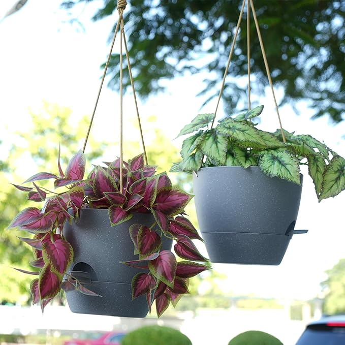 10 Inch Self Watering Hanging Pots, 2 Pack Hanging Planters with 40oZ Deep Reservior for Indoor Outdoor Plants Flowers, Grey SwinDuck