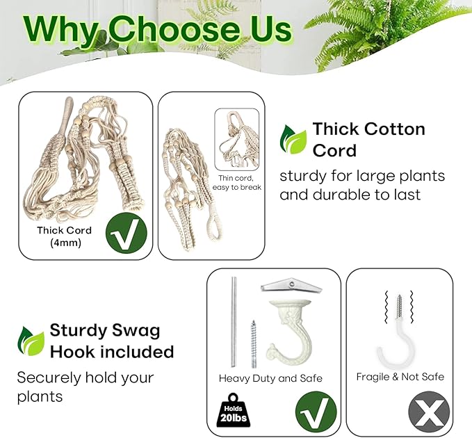 43 Inches Macrame Planter Hanger Large for 12 inch Pot + Swag Hook (Extra Long & Big) | Large Hanging Planter for Indoor Plants | No Tassel, Cotton Rope, NO Pot/Plant Included (Beige)(XL) Shineloha