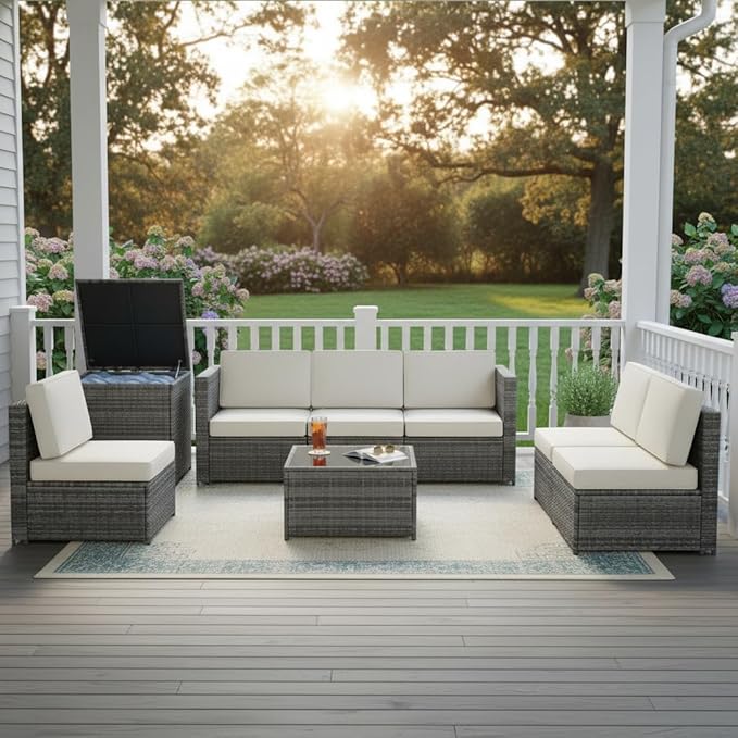 Tangkula 8 Pieces Wicker Patio Furniture Set with Storage Deck Box, PE Rattan Outdoor Sectional Sofa Conversation Set with Coffee Table & Cushions, Outside Furniture for Garden Yard Poolside (White) TANGKULA