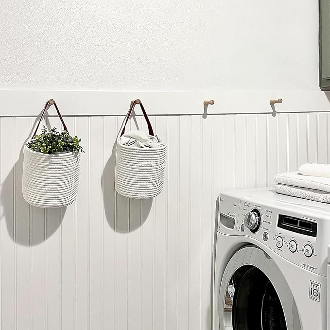 Goodpick 2pack Rope Hanging Basket - Small Round Hanging Baskets Storage for Key, Sunglasses, Wallet on Door - Modern Woven Baskets Wall Decor for Plant, White Cotton Basket 7.87 x 7 x 11.7 inches Goodpick