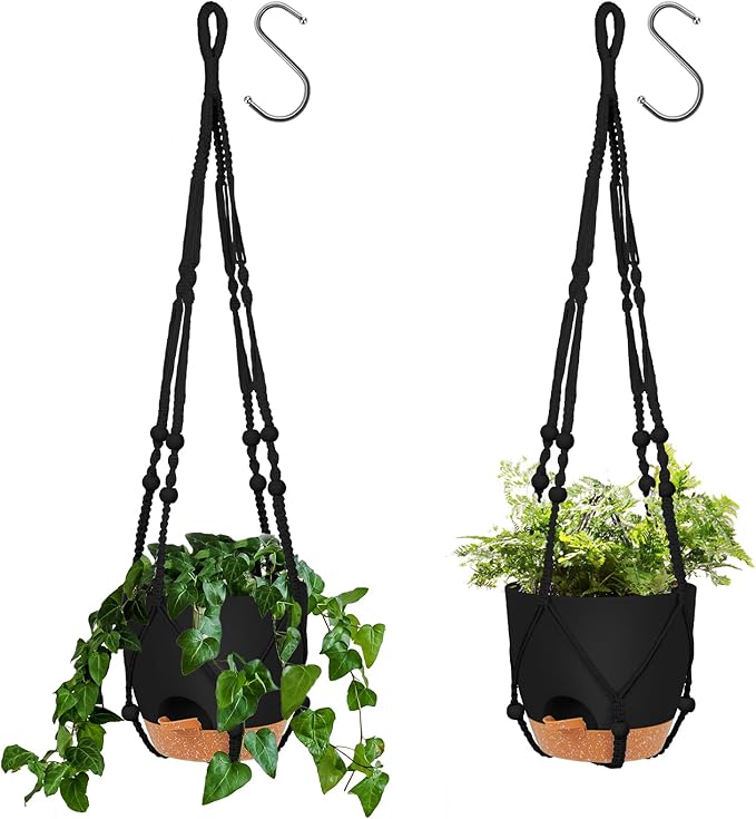 GARDIFE 8 Inch Hanging Planters with Macrame Plant Hanger for Indoor and Outdoor Plants, 2 Pack Large Self Watering Hanging Plant Pot with Basket Flower Pot with Drainage Hole, Black GARDIFE
