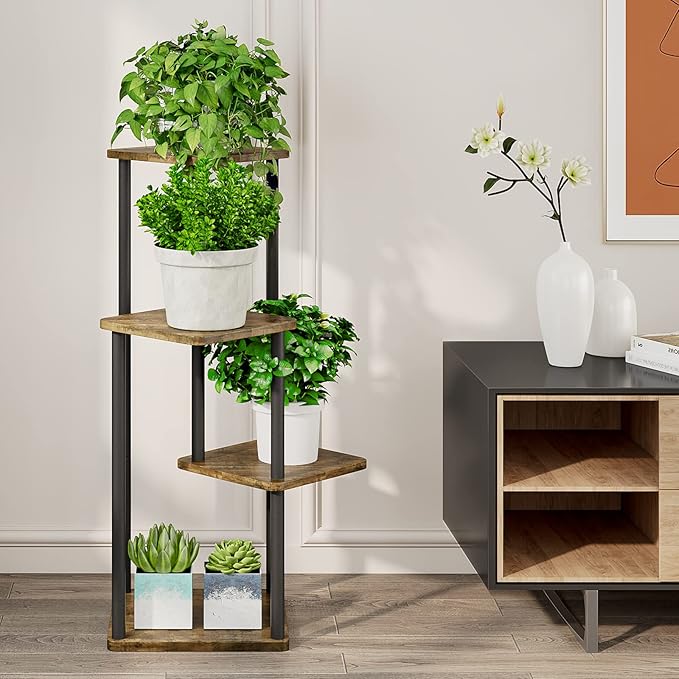 AZERPIAN Plant Stand 4 Tier Indoor Metal Flower Shelf for Multiple Plants Corner Tall Flower Holders for Patio Garden Living Room Balcony Bedroom, Black (4 Tier-Black) AZERPIAN