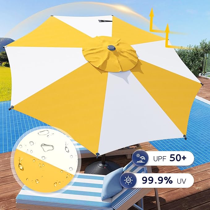 Abba Patio 9FT Lyon Outdoor Patio Umbrella Outdoor Table Umbrella with Crank Market Umbrella 8 Sturdy Ribs UV Protection Waterproof and Push Button Tilt for Garden Deck Backyard Pool,Yellow & Cream AbbaPatio