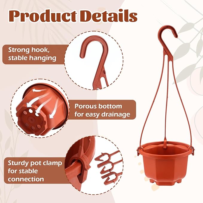 Roshtia 50 Pcs 3.7 inch Plastic Hanging Plant Pots with Hooks Flower Pots Baskets Outdoor Hanging Nursery Planter Holder for Home Garden Balcony Porch(Brown, 3.7 inch) Roshtia