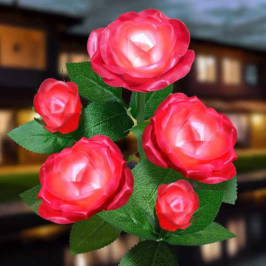 Solar Flower Lights Outdoor - Upgraded New Material Two Modes Realistic LED Solar Powered Waterproof Lights with 5 Roses, Solar Decorative Stake Lights for Garden (Red, 1 Pack) LightYourLife