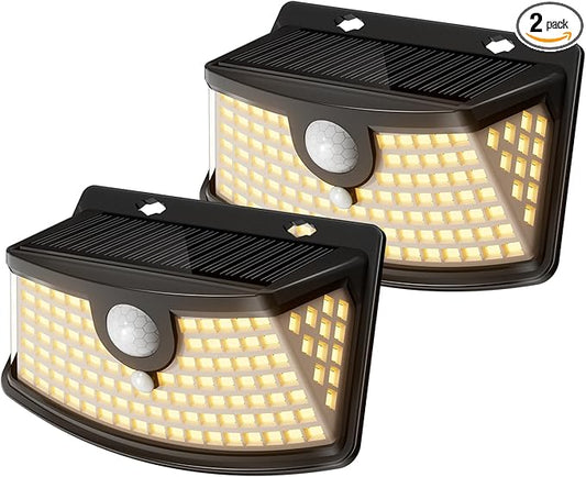 Aootek New Solar Motion Sensor Lights 120 LEDs with Lights Reflector,270° Wide Angle, IP65 Waterproof, Step Lights for Front Door, Yard, Garage, Deck (Black, Warm White, 2-Pack) Lightupeveryconer