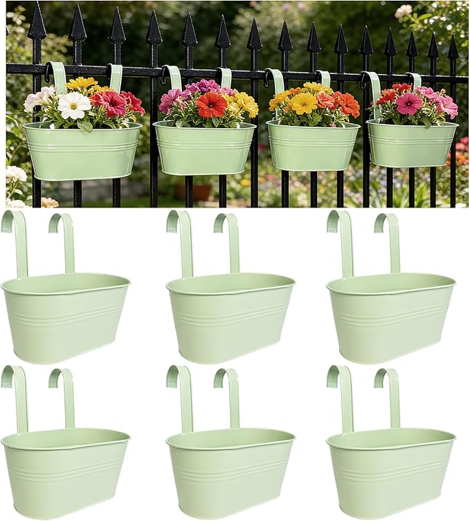 Balcony Hanging Planters Flower Pots, 10" Metal Flower Pots for Outdoor Balcony Rails, Fence Pot Hanging Plant Holders with Detachable Hooks for Garden Patio Yard Decor (Mint Green, 6Pcs) JOYFERNAL