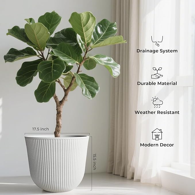 WORTH Garden Round Large Planter Pot Set of 2-17.5" Dia x 15.5" H - Durable Plastic White Plant Tree Pots with Vertical Stripe Textured Finish, Drainage Hole for Indoor, Outdoor, Front Porch, Patio WORTH