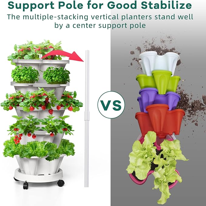 7 Tiered Strawberry Vertical Planter 2 Pack, Stackable Tower Garden Planter Herb Garden Planter with Movable Casters and Bottom Saucer Indoor and Outdoor - Black Tectsia