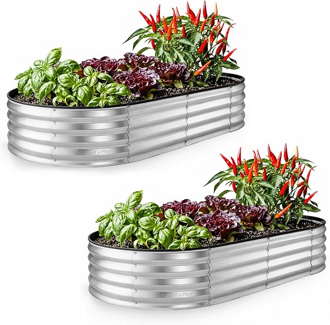 Plant & Plot Galvanized Raised Garden Beds Outdoor // 6×3×1 ft (2-Pack) Planter Raised Beds for Gardening, Vegetables, Flowers // Large Metal Garden Box // Patented Tool-Free Design (Silver) PlantPlot