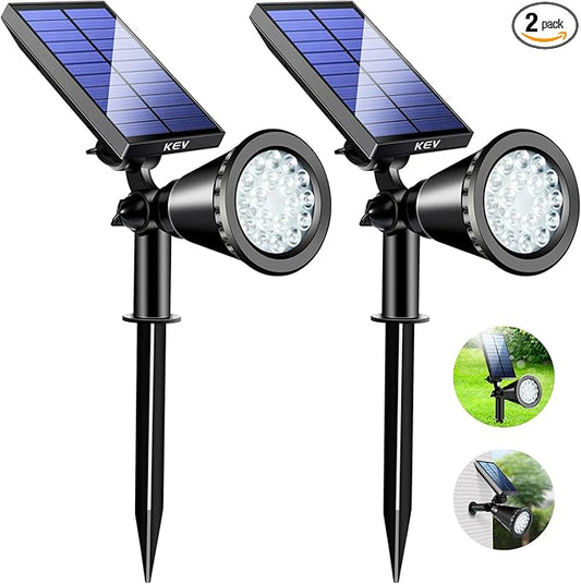 KEV 800 Lumens Solar Spot Lights Outdoor,18 LEDs Solar Flood Lights with 2 Modes &Adjustable &IPX65 Waterproof,Solar Spotlight for Driveway/Backyard/Patio Landscape/Tree/Garage(Cool White, 2 Pack) KEV