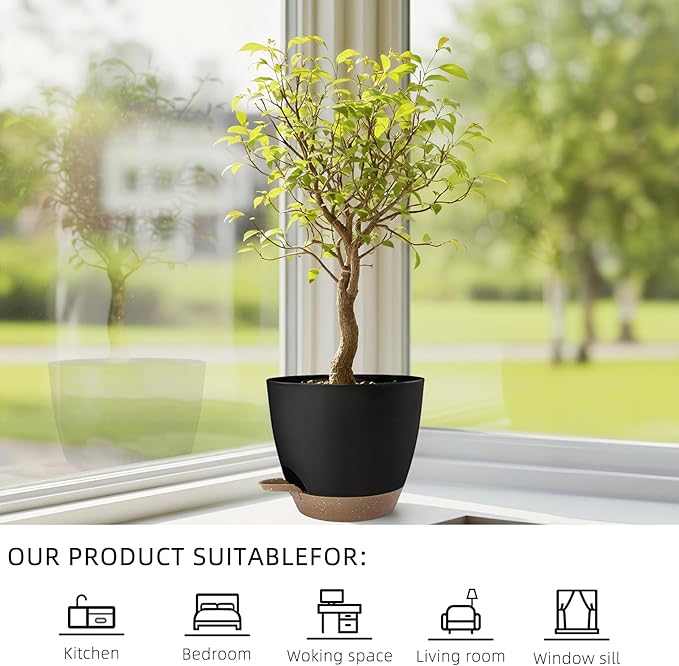 Plant Pots 8/7.5/7/6.5/6 Inch Self Watering Pots,5 Pack Planters with Drainage Holes and Saucers,Plastic Flower Pots,Nursery Planters for Indoor Outdoor Plants (Black) Rootora