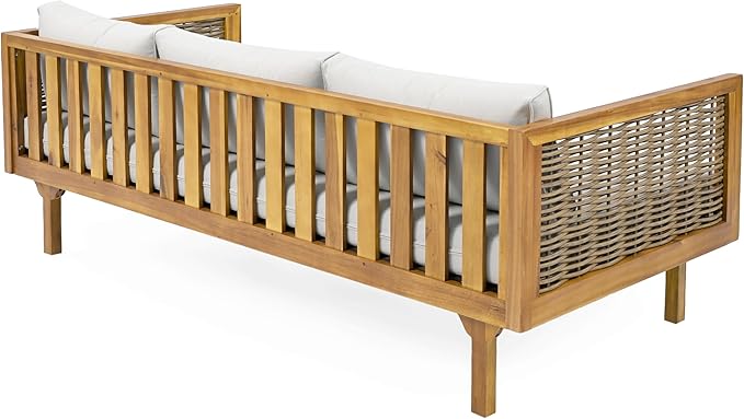 Merax 67.5" Outdoor Patio Daybed 3 Seater Sofa Bed,Acacia Wood Frame with Rattan Arm,Cushion & Pillow for Pool Merax