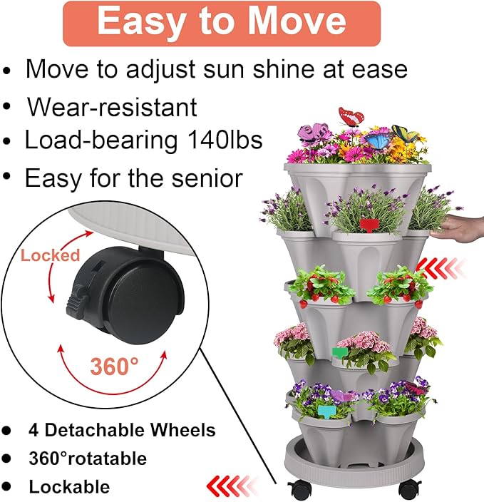 GameXcel Vertical Planter, 5 Tier Stackable Strawberry Planter with Garden Tool Set, Movable Indoor/Outdoor Garden Herb Pot for Growing Vegetables and Succulents, Gray GameXcel