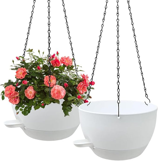 WOUSIWER Self Watering Hanging Planters, 2 Pack 10'' Plastic Pots with Drainage Holes & Reservoir Tray (White) | Indoor & Outdoor Use for Ferns, Ivy, Herbs, Succulents WOUSIWER