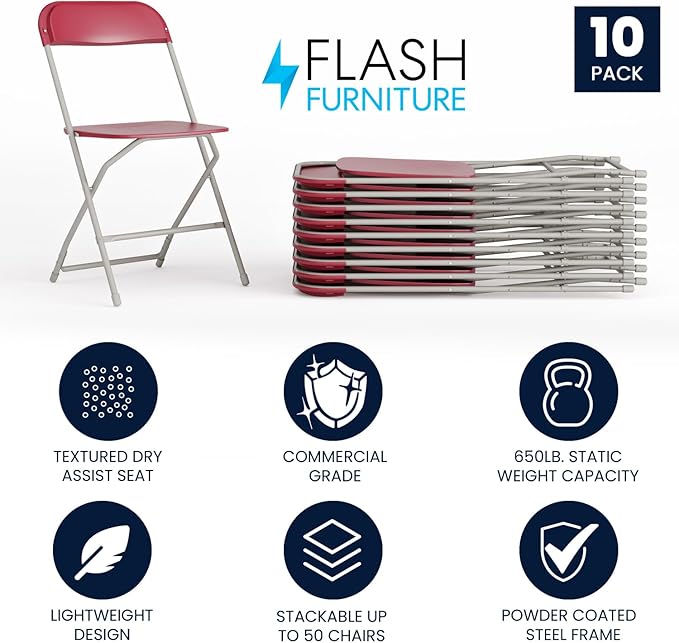 Hercules Series Plastic Folding Chair Red - 10 Pack 650LB Weight Capacity Comfortable Event Chair-Lightweight Folding Chair FlashFurniture